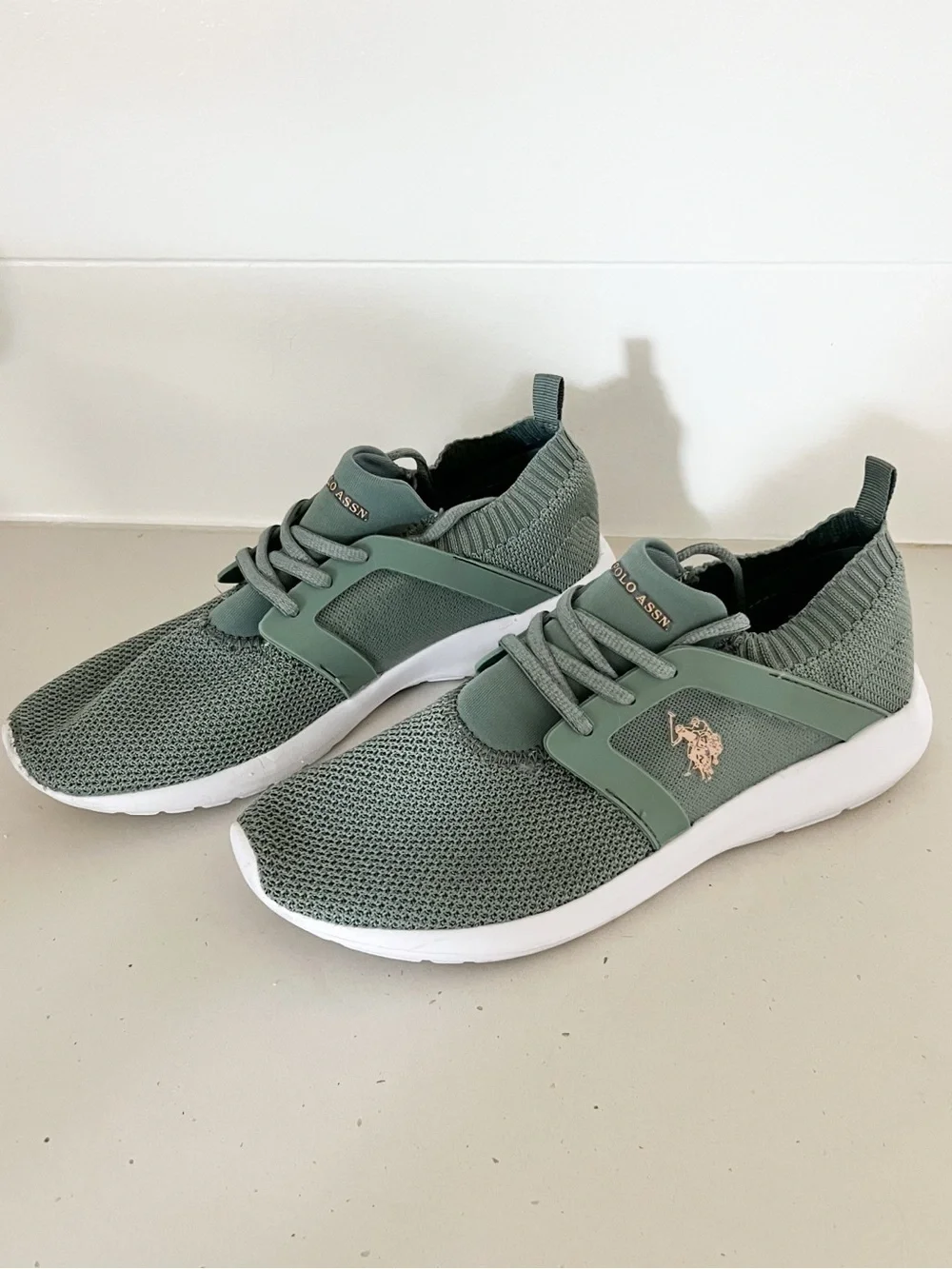 U.S. Polo Assn. Olive Gray Knit Slip-On Sneakers White Sole Women’s Size 10